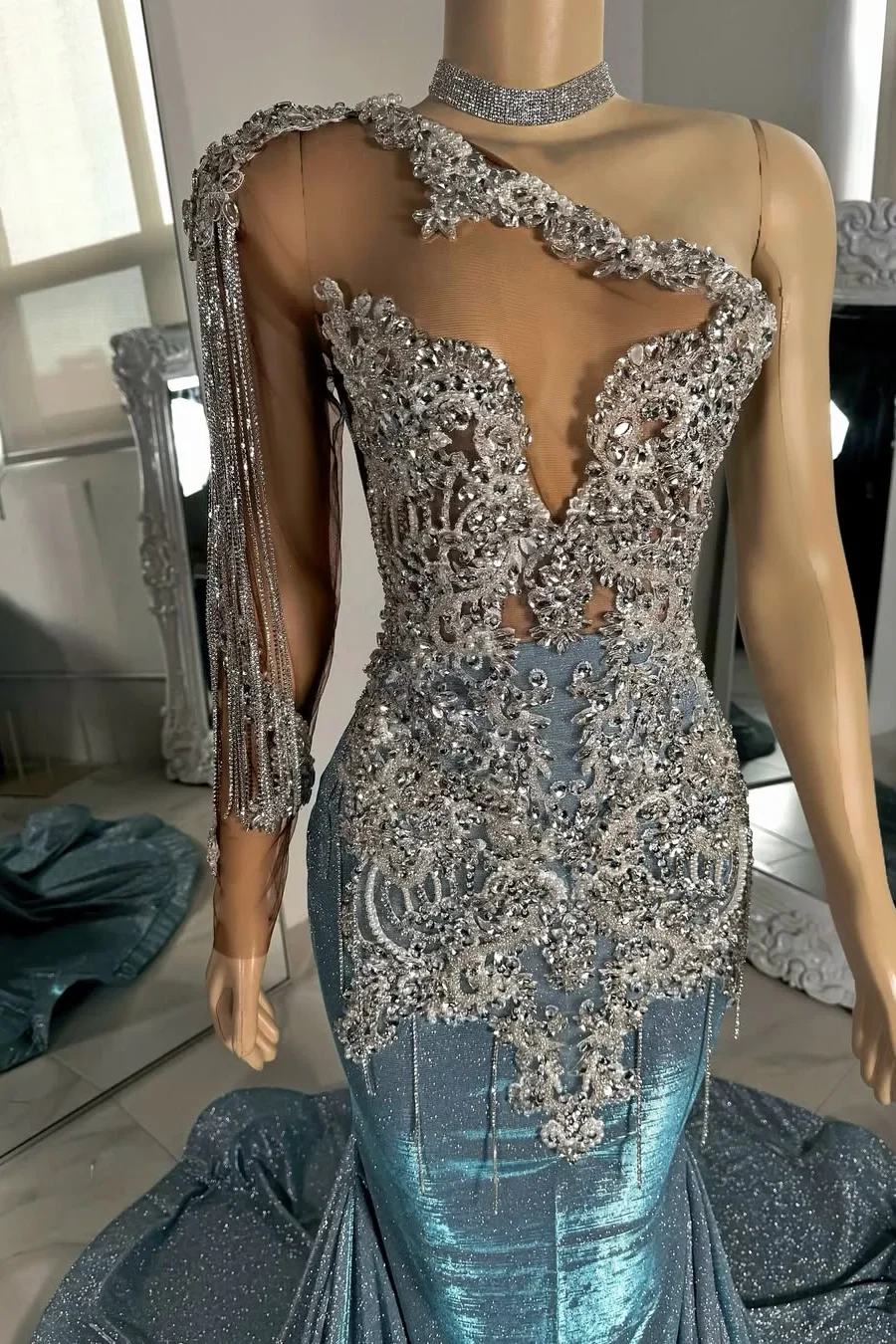 Long sleeves Silver Dusty Blue Shiny Court Train Beaded Prom Dresss - Image 2