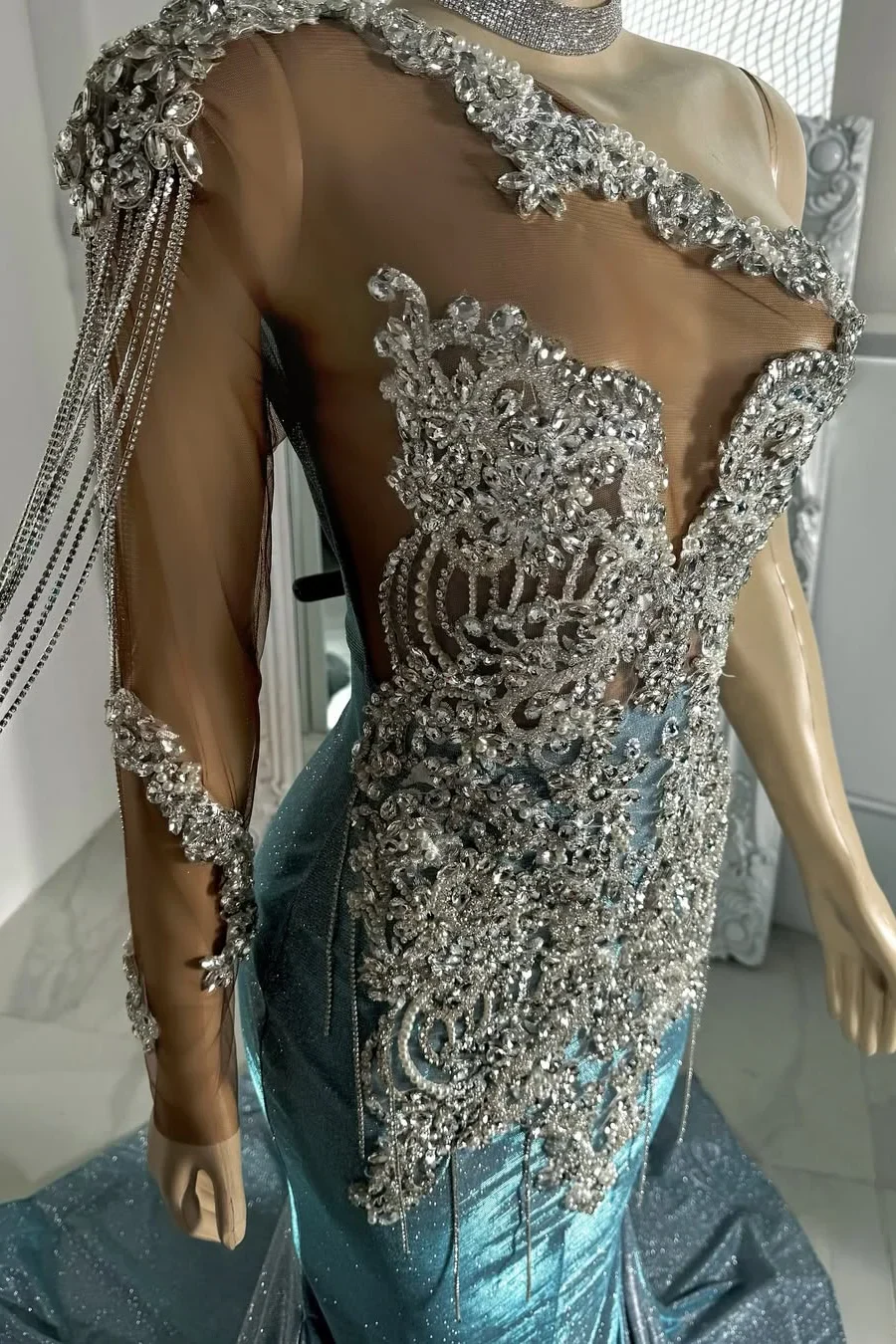Long sleeves Silver Dusty Blue Shiny Court Train Beaded Prom Dresss - Image 3