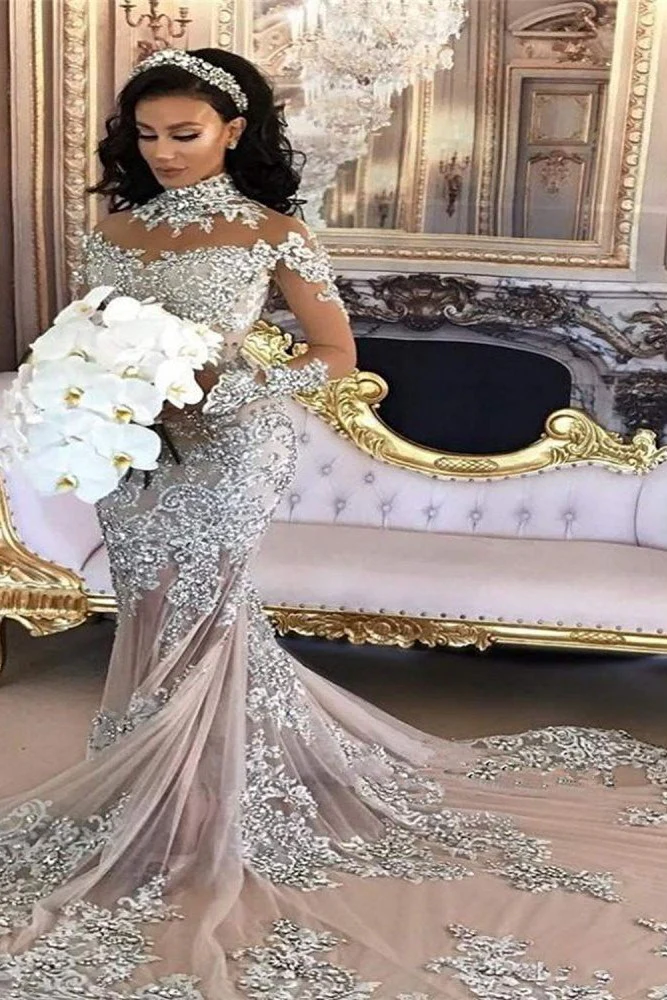 Long Sleeves Silver High Neck Popular Evening Dress Lace Mermaid Luxurious Wedding Dresses - Image 2