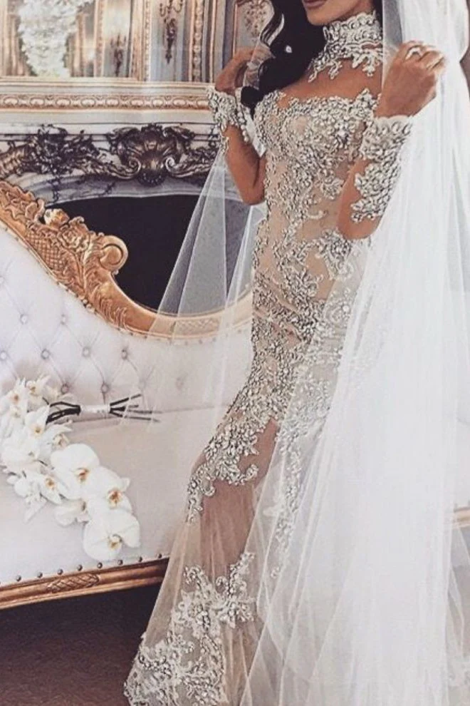 Long Sleeves Silver High Neck Popular Evening Dress Lace Mermaid Luxurious Wedding Dresses - Image 3