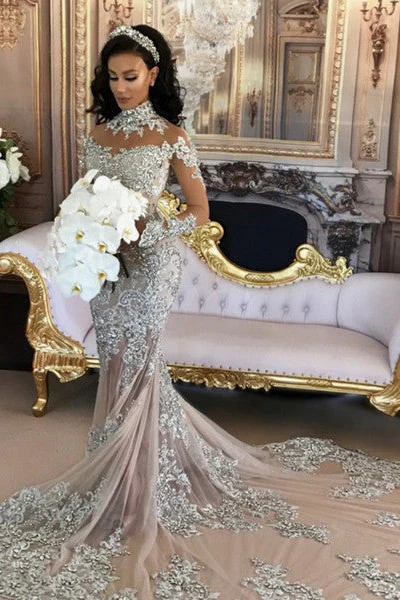 Long Sleeves Silver High Neck Popular Evening Dress Lace Mermaid Luxurious Wedding Dresses - Image 4