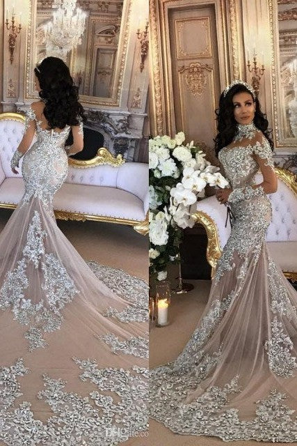 Long Sleeves Silver High Neck Popular Evening Dress Lace Mermaid Luxurious Wedding Dresses - Image 5