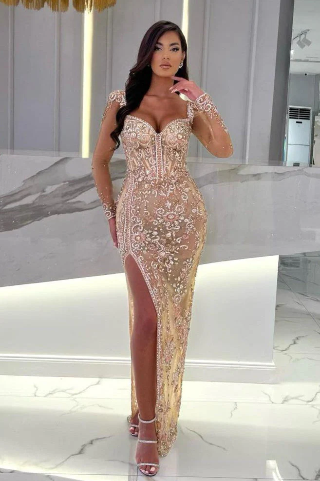 Long sleeves Sparkle Beaded Mermaid High Split Sweetheart Overskirt Prom Dresses - Image 2