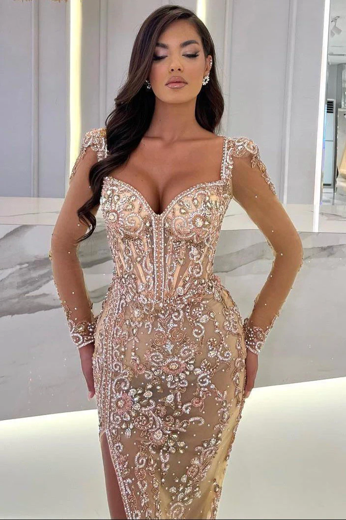 Long sleeves Sparkle Beaded Mermaid High Split Sweetheart Overskirt Prom Dresses - Image 3