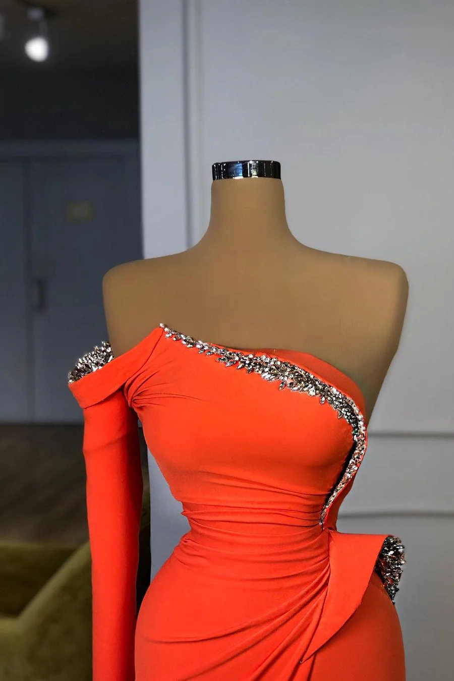 Long sleeves Strapless Orange Sequined Long Prom Dress - Image 2
