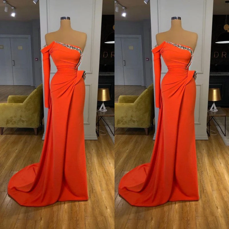 Long sleeves Strapless Orange Sequined Long Prom Dress - Image 3