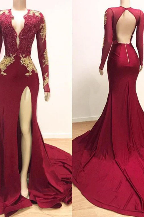 Long Sleeves V-neck Mermaid Prom Dress Red Sequins Long Chiffon - Image 2