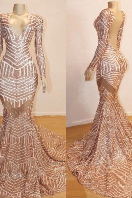 Long Sleeves V-neck Mermaid Prom Dress Sequins Long Chiffon - Image 2