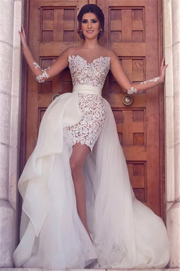 Long Sleeves Wedding Dress with Detachable Train Latest Short Lace Bridal Gown - Image 2