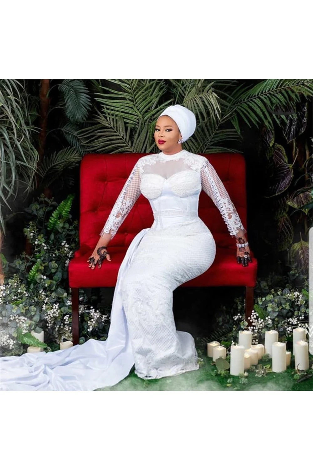 Long Sleeves White Lace Tulle Wedding Gown - Image 3