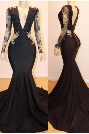 Long Sleevess Appliques Mermaid V-neck Long Prom Dresses - Image 2