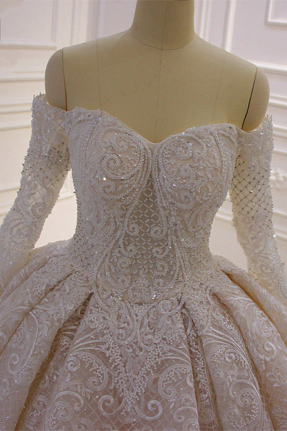 Long Sleevess Ball Gown Off the shoulder Sequins Wedding Dress - Image 2