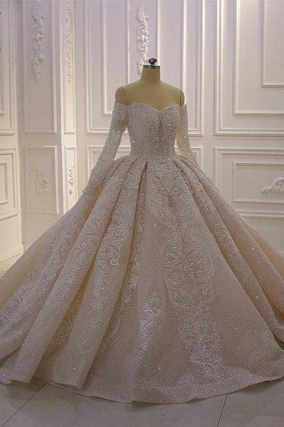 Long Sleevess Ball Gown Off the shoulder Sequins Wedding Dress - Image 3
