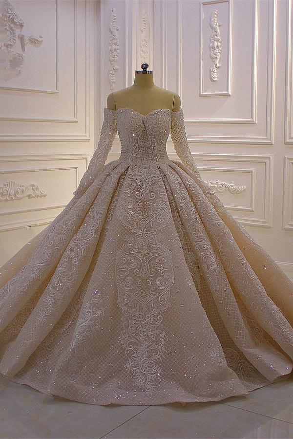 Long Sleevess Ball Gown Off the shoulder Sequins Wedding Dress - Image 4