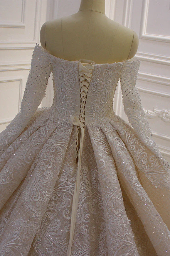 Long Sleevess Ball Gown Off the shoulder Sequins Wedding Dress - Image 5