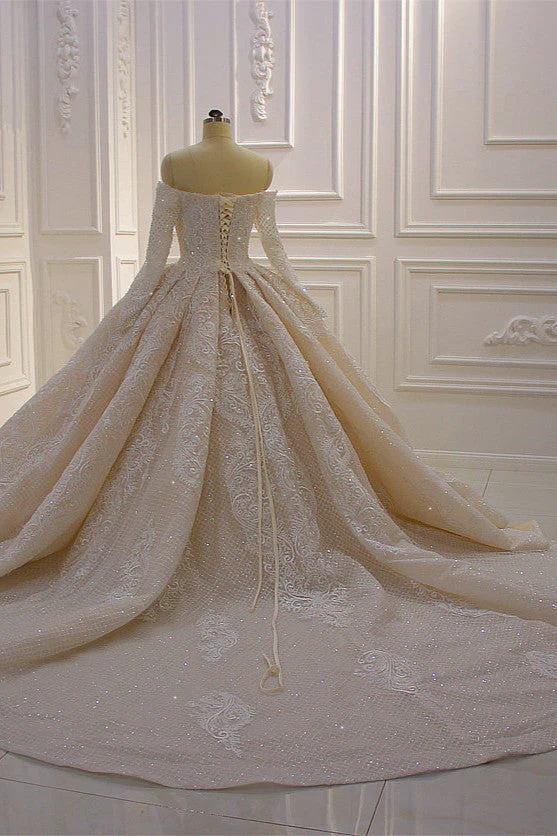 Long Sleevess Ball Gown Off the shoulder Sequins Wedding Dress - Image 6