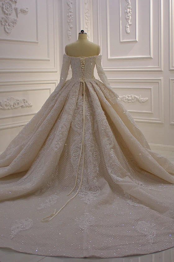 Long Sleevess Ball Gown Off the shoulder Sequins Wedding Dress - Image 7