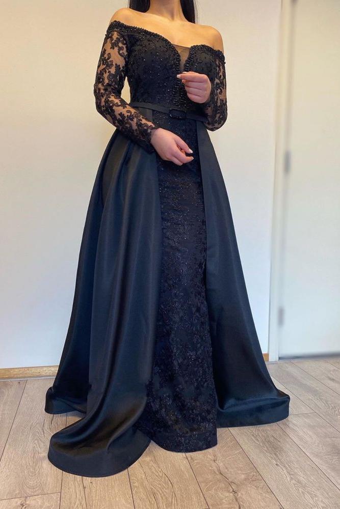 Long Sleevess Black A-line off-the-shoulder Evening Dresses - Image 2