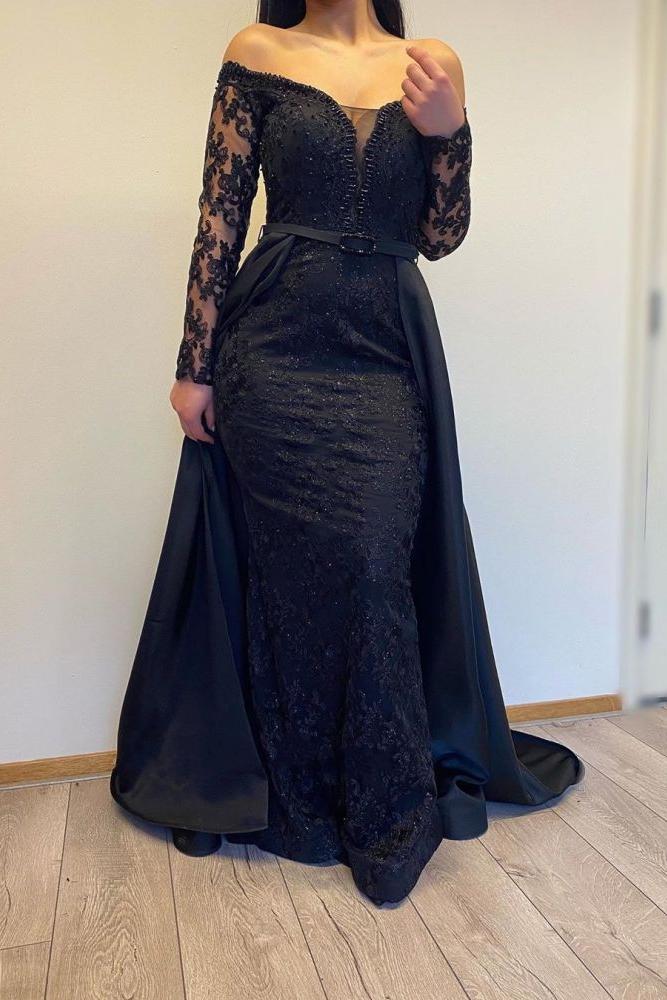 Long Sleevess Black A-line off-the-shoulder Evening Dresses - Image 3