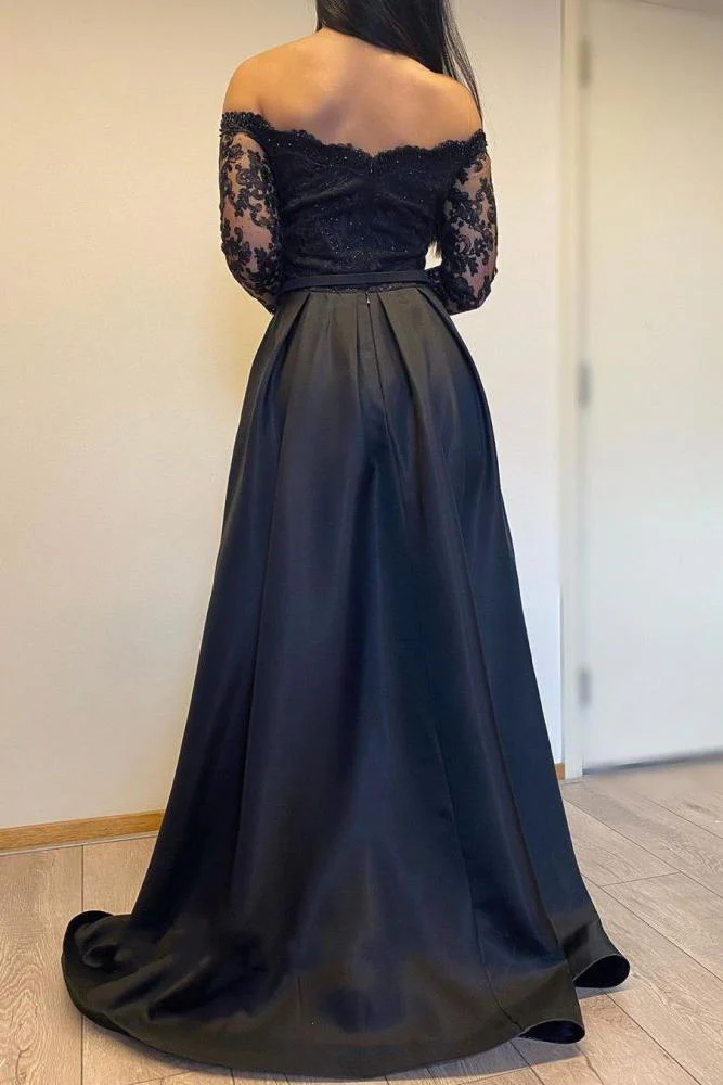 Long Sleevess Black A-line off-the-shoulder Evening Dresses - Image 4