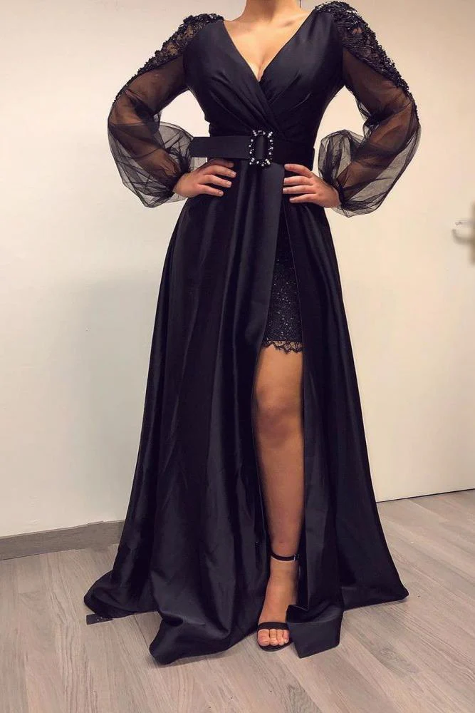 Long Sleevess Black V-neck High Split Bishop sleeves Evening Dresses - Image 2