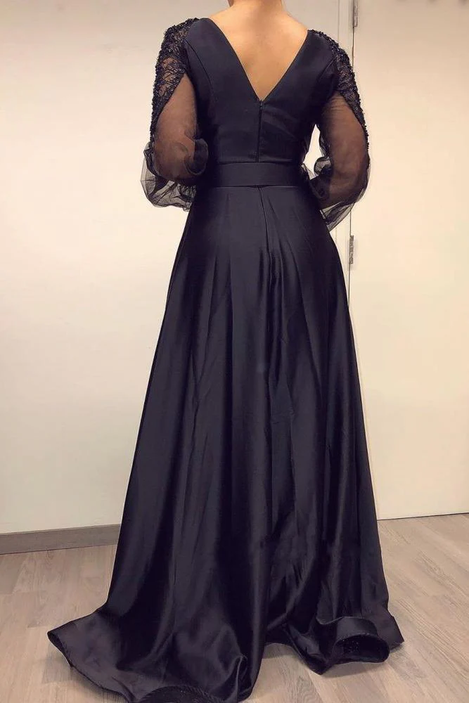 Long Sleevess Black V-neck High Split Bishop sleeves Evening Dresses - Image 3