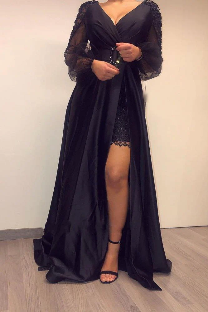Long Sleevess Black V-neck High Split Bishop sleeves Evening Dresses - Image 4