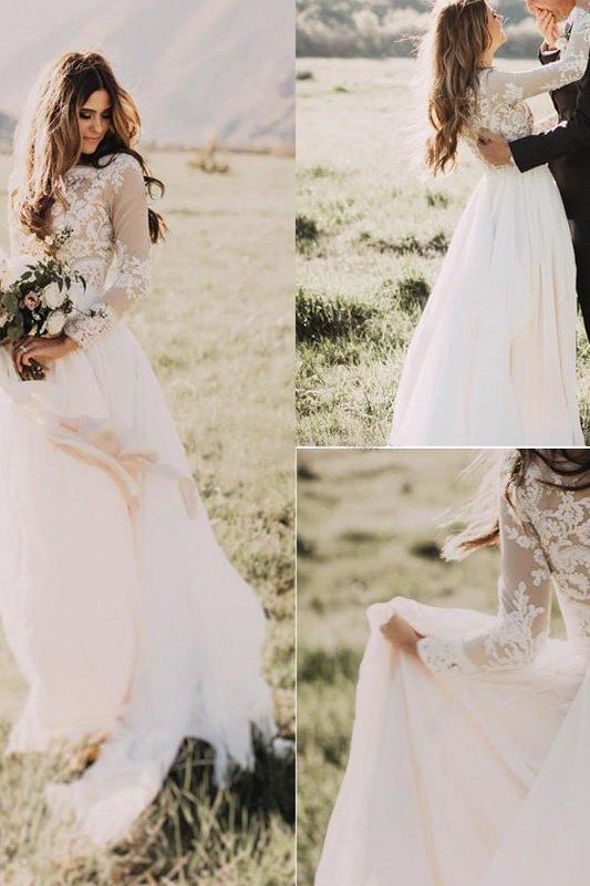 Long Sleevess Floor Length Applique Tulle A Line Scoop Wedding Dresses - Image 2