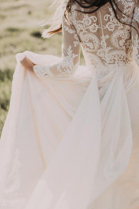 Long Sleevess Floor Length Applique Tulle A Line Scoop Wedding Dresses - Image 4