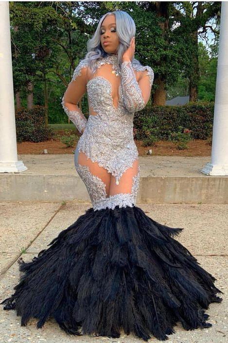 Long Sleevess Lace Appliques Illusion Fur Train Mermaid Silver Prom Dresses - Image 2