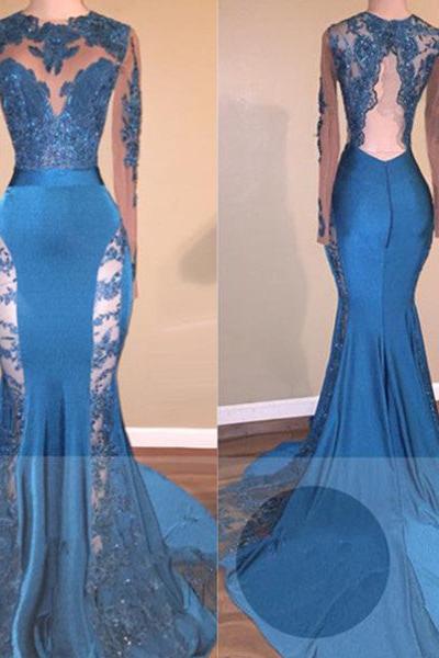 Long Sleevess Lace Appliques Open Back Brush Train Mermaid Prom Gowns - Image 2