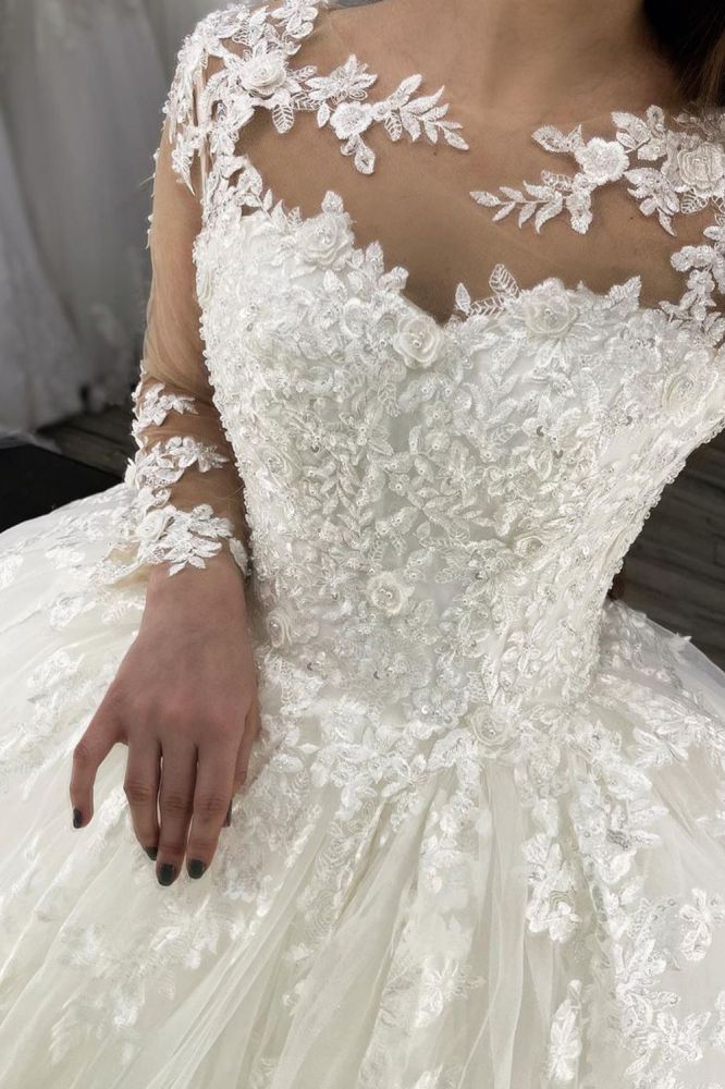 Long Sleevess Lace Appliques Tulle Wedding Gown White Garden Aline Spring Bridal Gown - Image 2