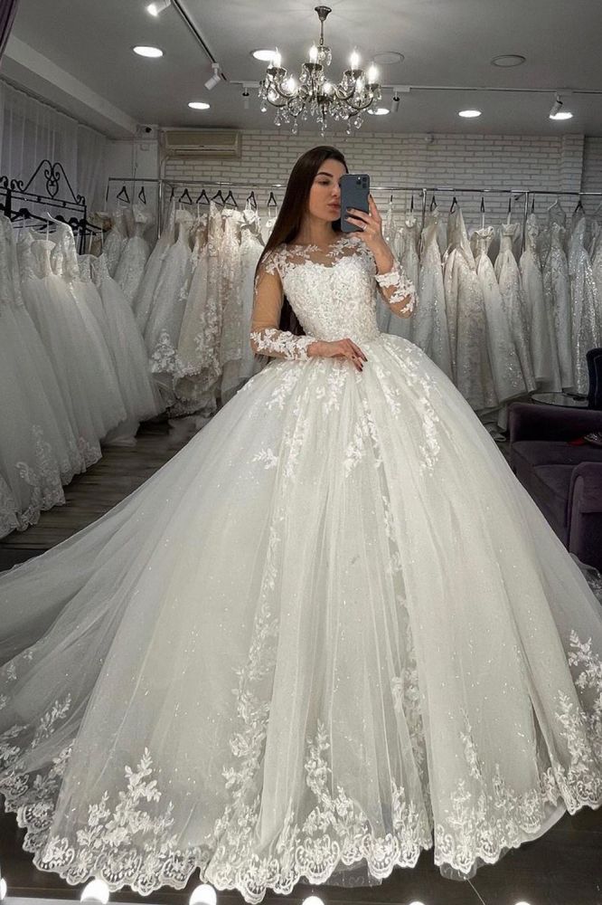 Long Sleevess Lace Appliques Tulle Wedding Gown White Garden Aline Spring Bridal Gown - Image 3