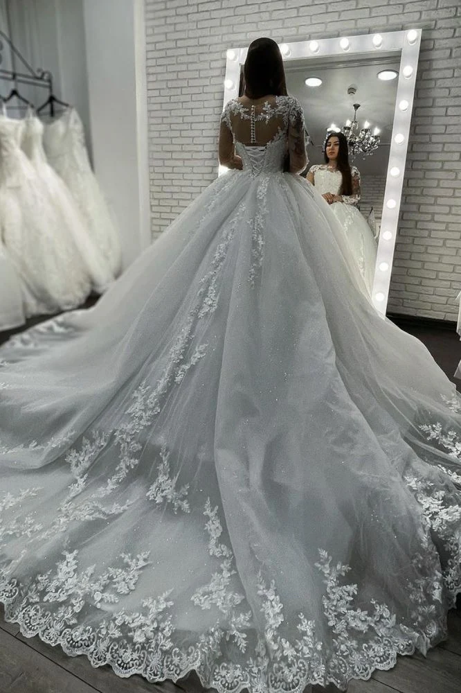 Long Sleevess Lace Appliques Tulle Wedding Gown White Garden Aline Spring Bridal Gown - Image 4