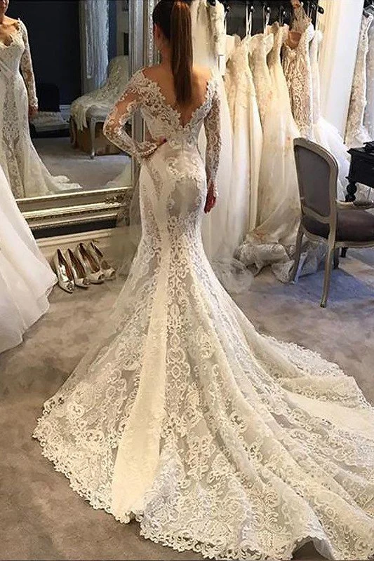 Long Sleevess Lace Mermaid Court Train V neck Wedding Dresses - Image 2