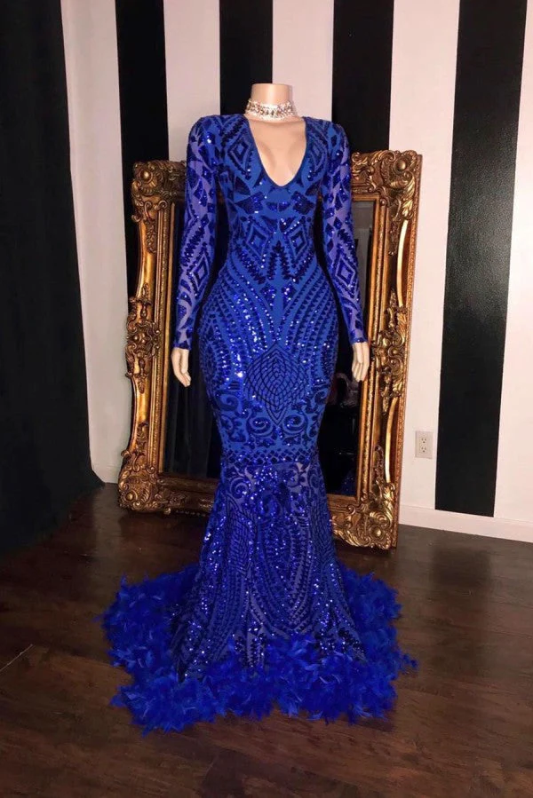 Long Sleevess V-neck Beading Patterns Long Mermaid Prom Gowns - Image 2