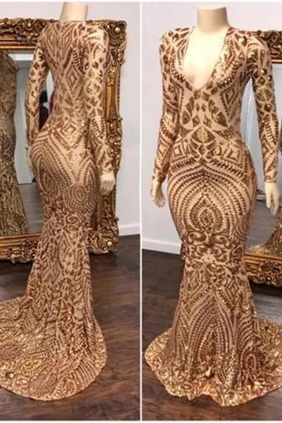 Long Sleevess V-neck Beading Patterns Long Mermaid Prom Gowns - Image 3