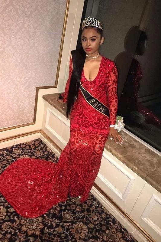 Long Sleevess V-neck Beading Patterns Long Mermaid Prom Gowns - Image 4