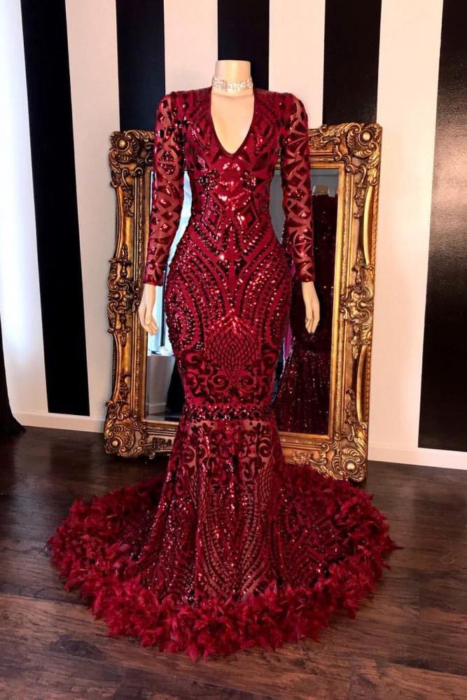 Long Sleevess V-neck Beading Patterns Long Mermaid Prom Gowns - Image 6