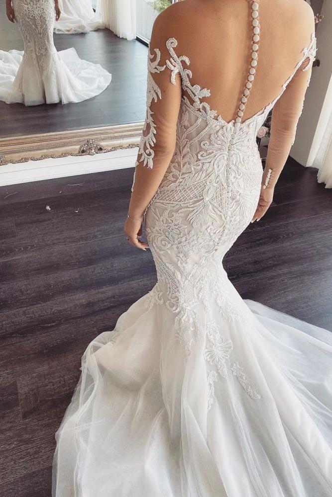 Long Sleevess V neck Lace Mermaid white Wedding Dresses Online - Image 2