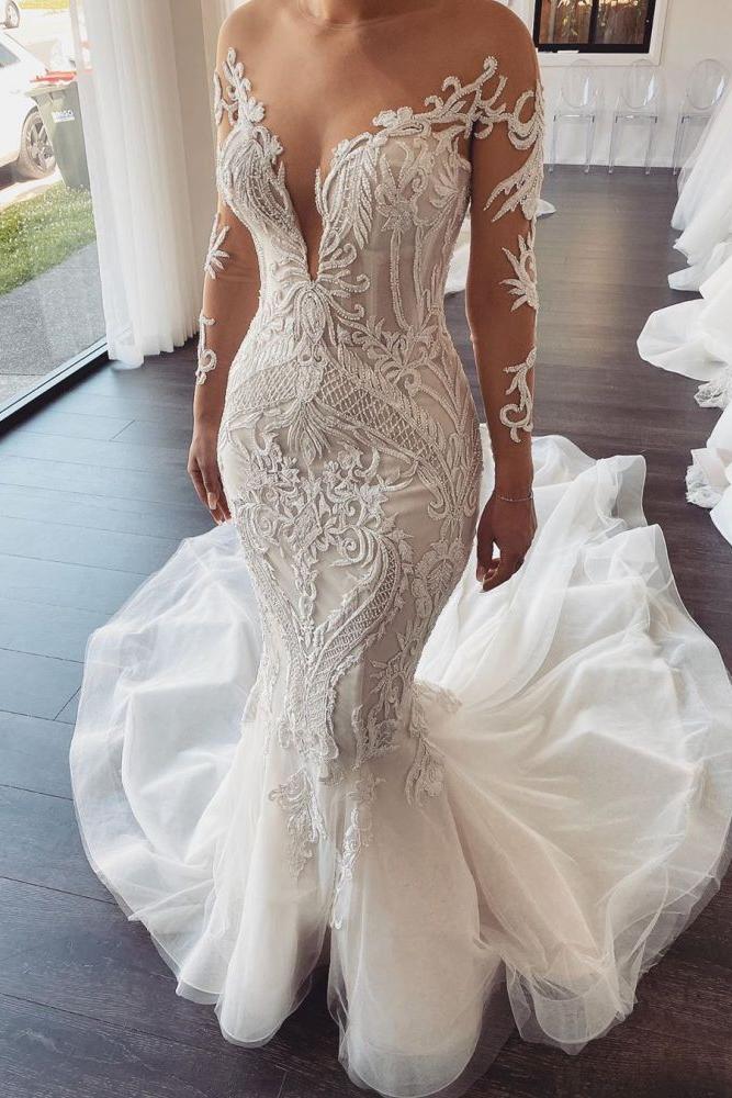Long Sleevess V neck Lace Mermaid white Wedding Dresses Online - Image 3