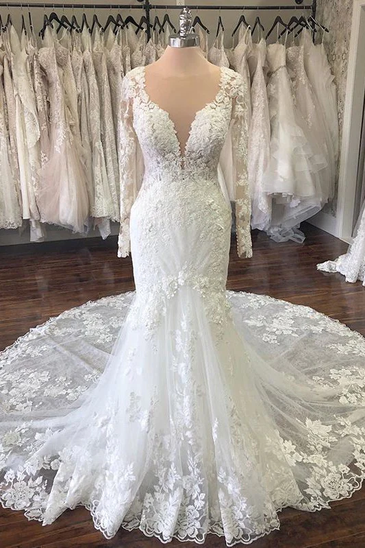 Long Sleevess V neck Mermaid White Long Train Wedding Dress - Image 2