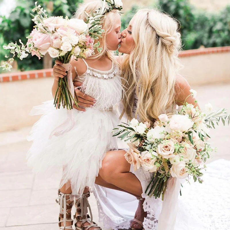 Lovely Boho Tea Length Spaghetti Straps Short Flower Girl Dresses with Feather - Image 2