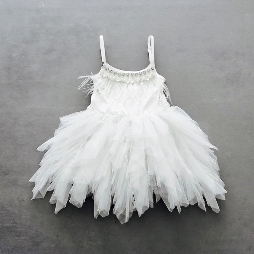 Lovely Boho Tea Length Spaghetti Straps Short Flower Girl Dresses with Feather - Image 3