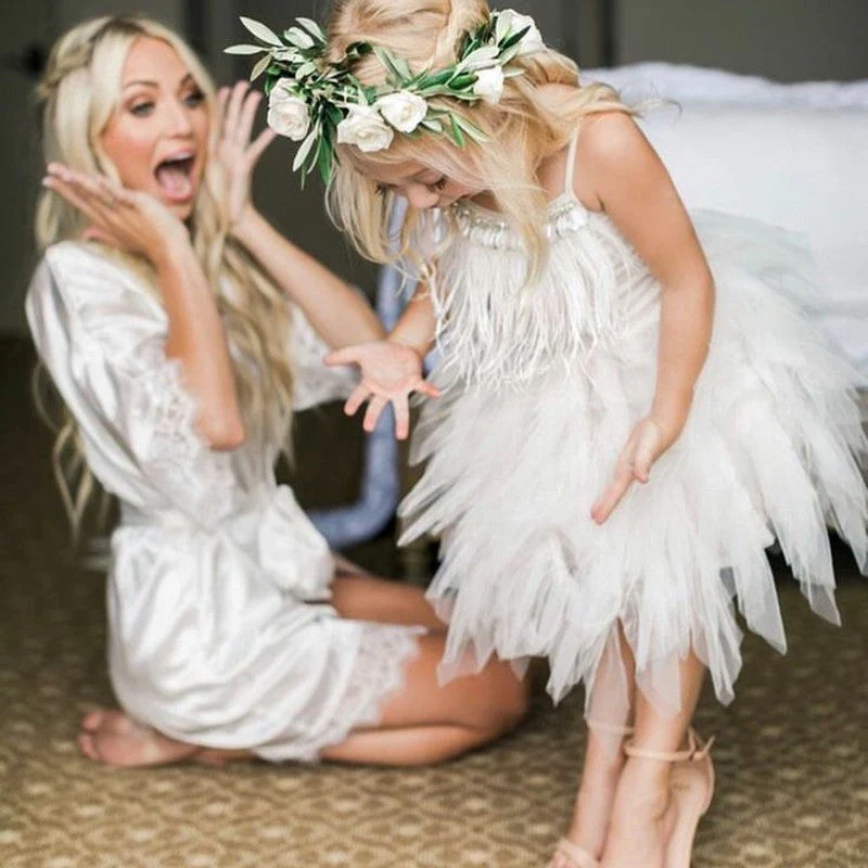 Lovely Boho Tea Length Spaghetti Straps Short Flower Girl Dresses with Feather - Image 4
