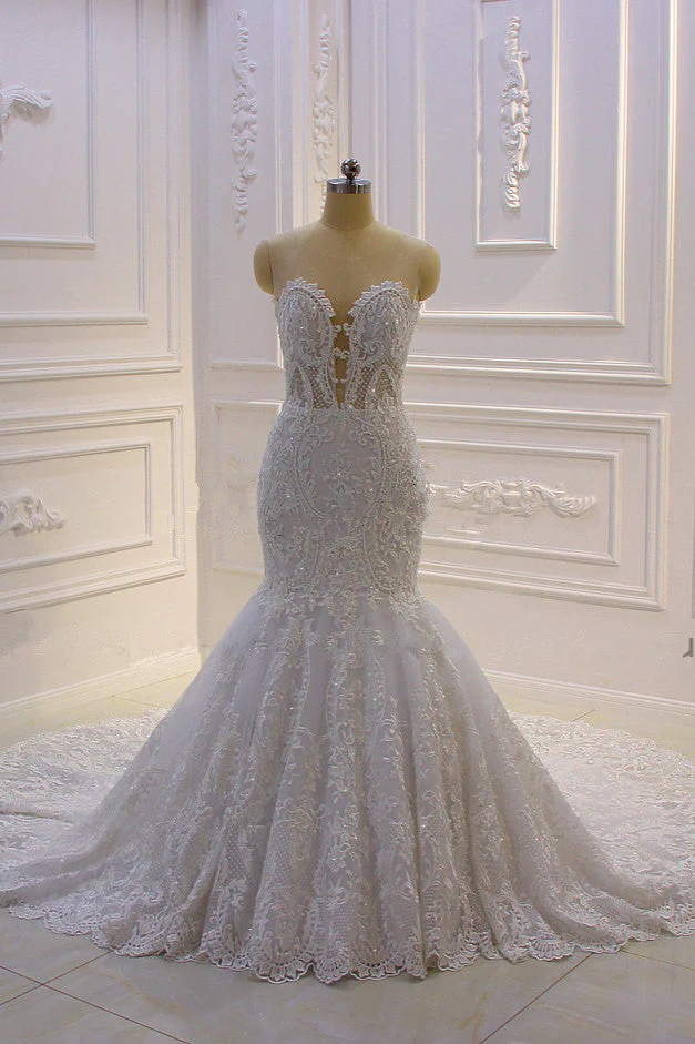 Luxurious 3D Lace Applique High Neck Tulle Mermaid Wedding Dress - Image 2
