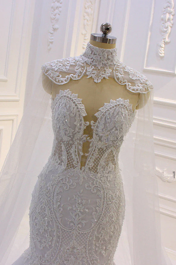 Luxurious 3D Lace Applique High Neck Tulle Mermaid Wedding Dress - Image 3