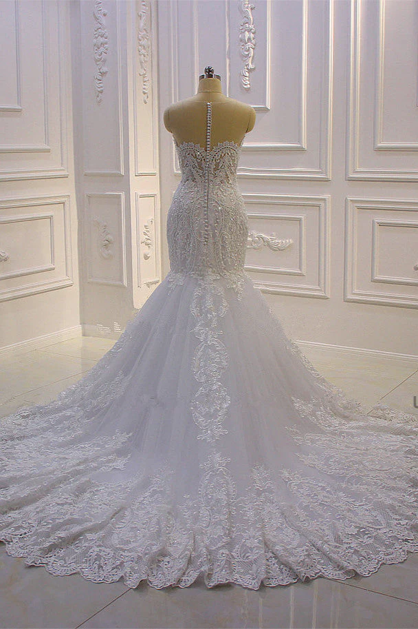 Luxurious 3D Lace Applique High Neck Tulle Mermaid Wedding Dress - Image 4