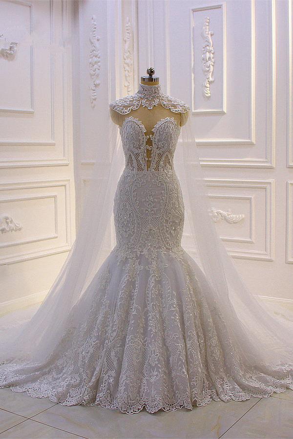 Luxurious 3D Lace Applique High Neck Tulle Mermaid Wedding Dress - Image 6