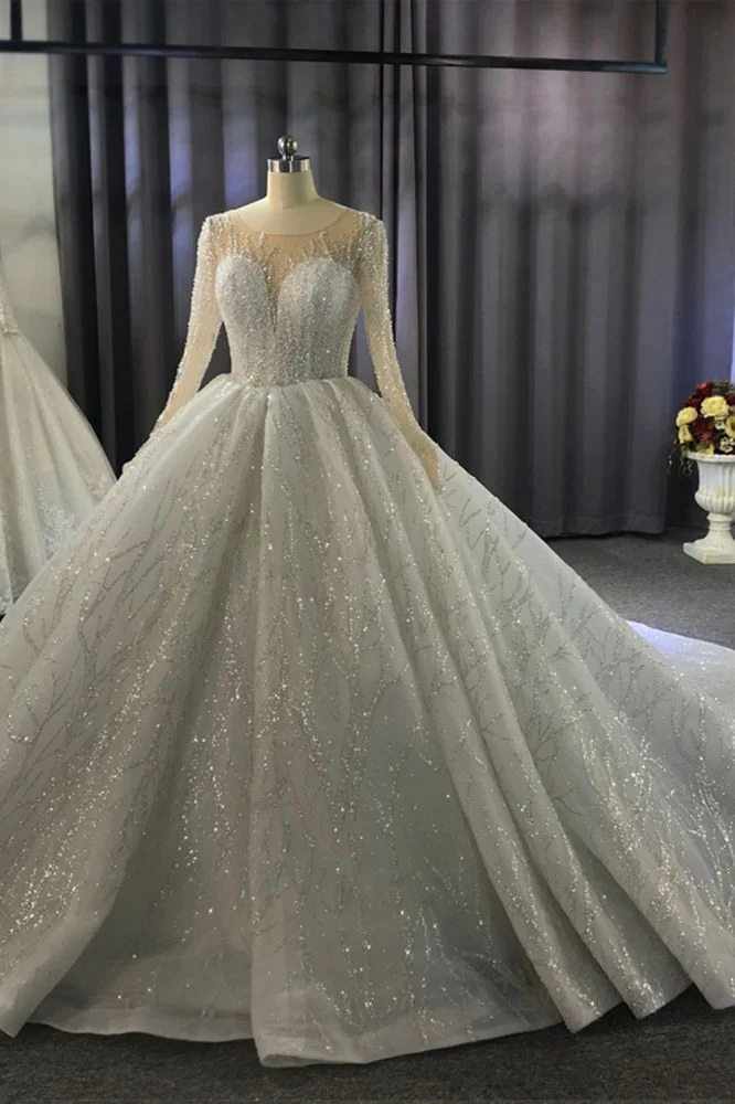 Luxurious Ball Gown Long Sleeves Crystal Beading Wedding Dress A line Classic - Image 2